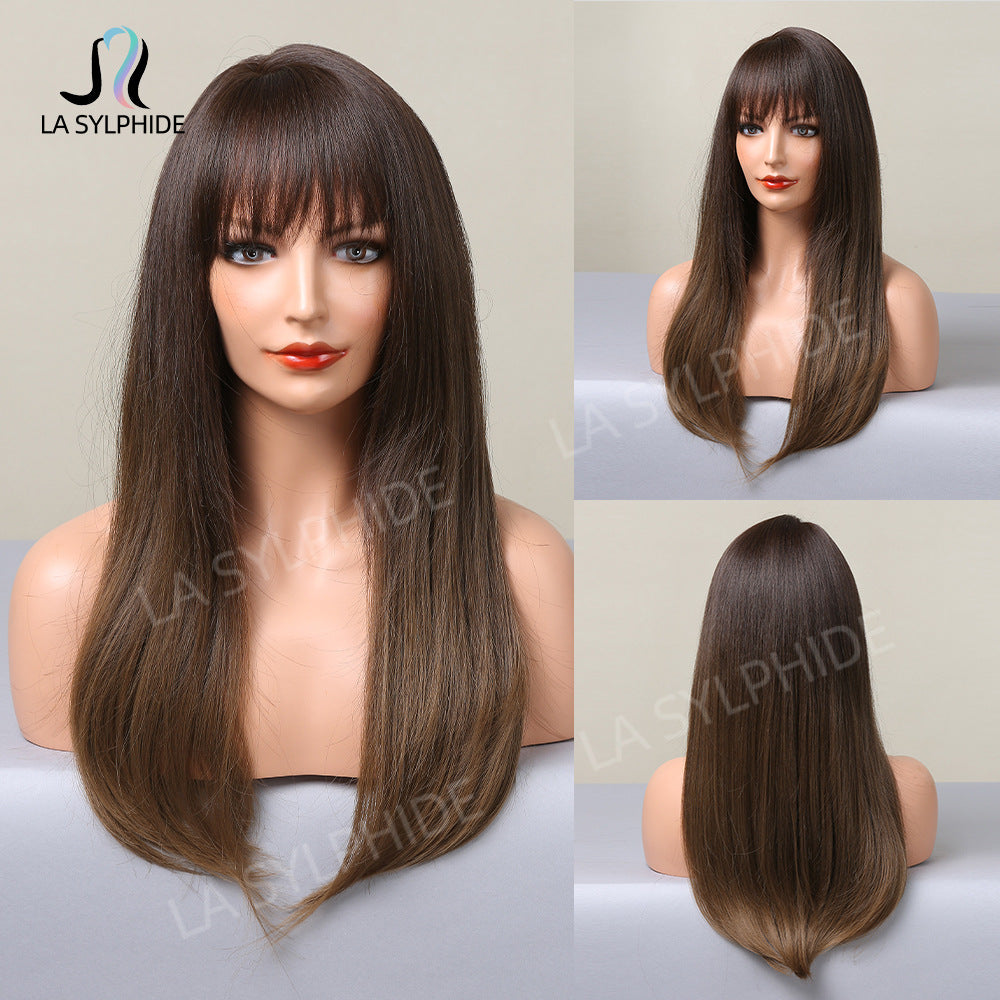 Female Brown Hair Hood Chemical Fiber Mechanism Simulation Natural Long Straight Wig