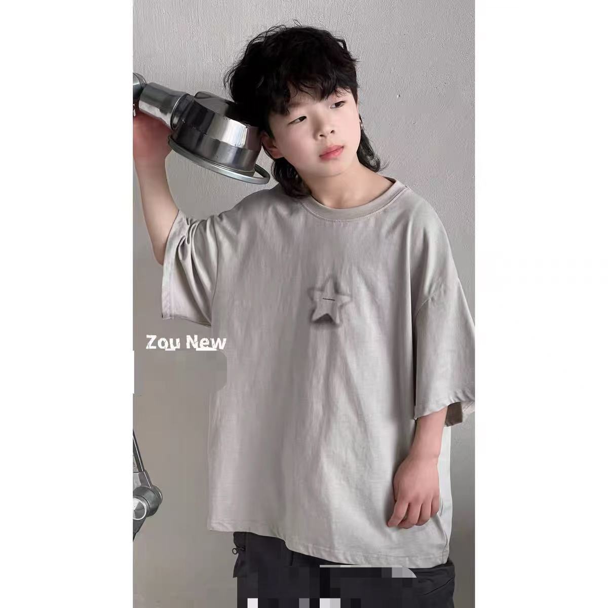 Summer Light Green Korean Style Round Neck Short Sleeve Medium Children's T-shirt
