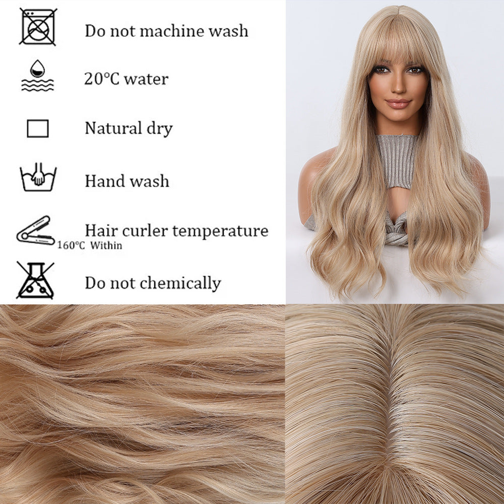 Tea Golden Wave Curly Hair Air Bangs Simulation Head Cover Wig Long Curls