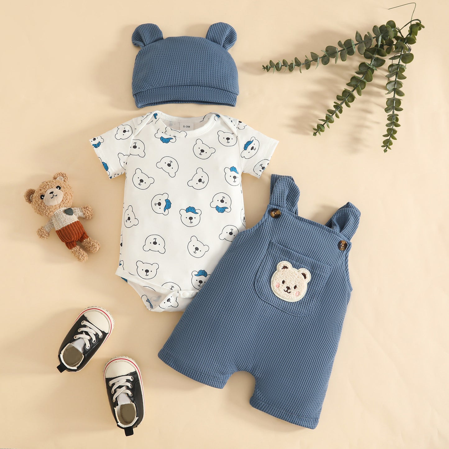 Boy Short Sleeve Striped Animal Pattern Triangle Jumpsuit Waffle Zhang Children's Suit