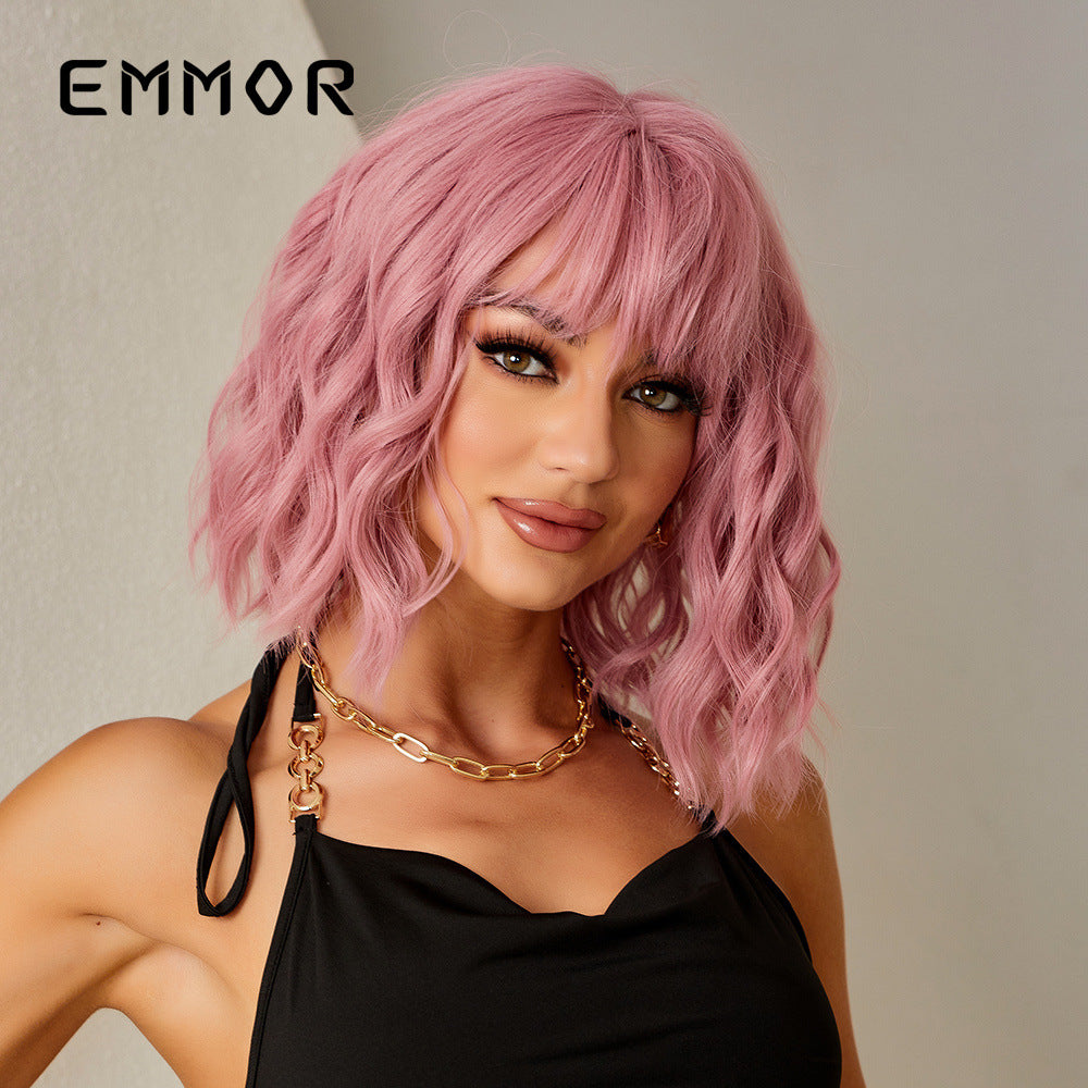 Head Style Bangs Pink Chemical Fiber Wig Short Curly Hair