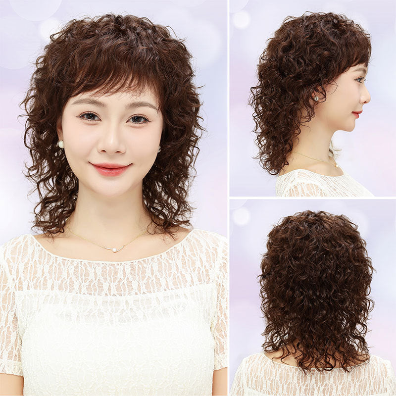 Female Human Mid-length Curly Mother Style Natural Real Hair Wig