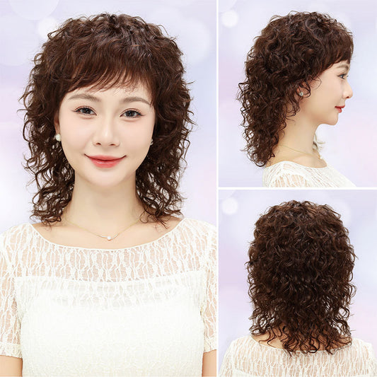 Female Human Mid-length Curly Mother Style Natural Real Hair Wig