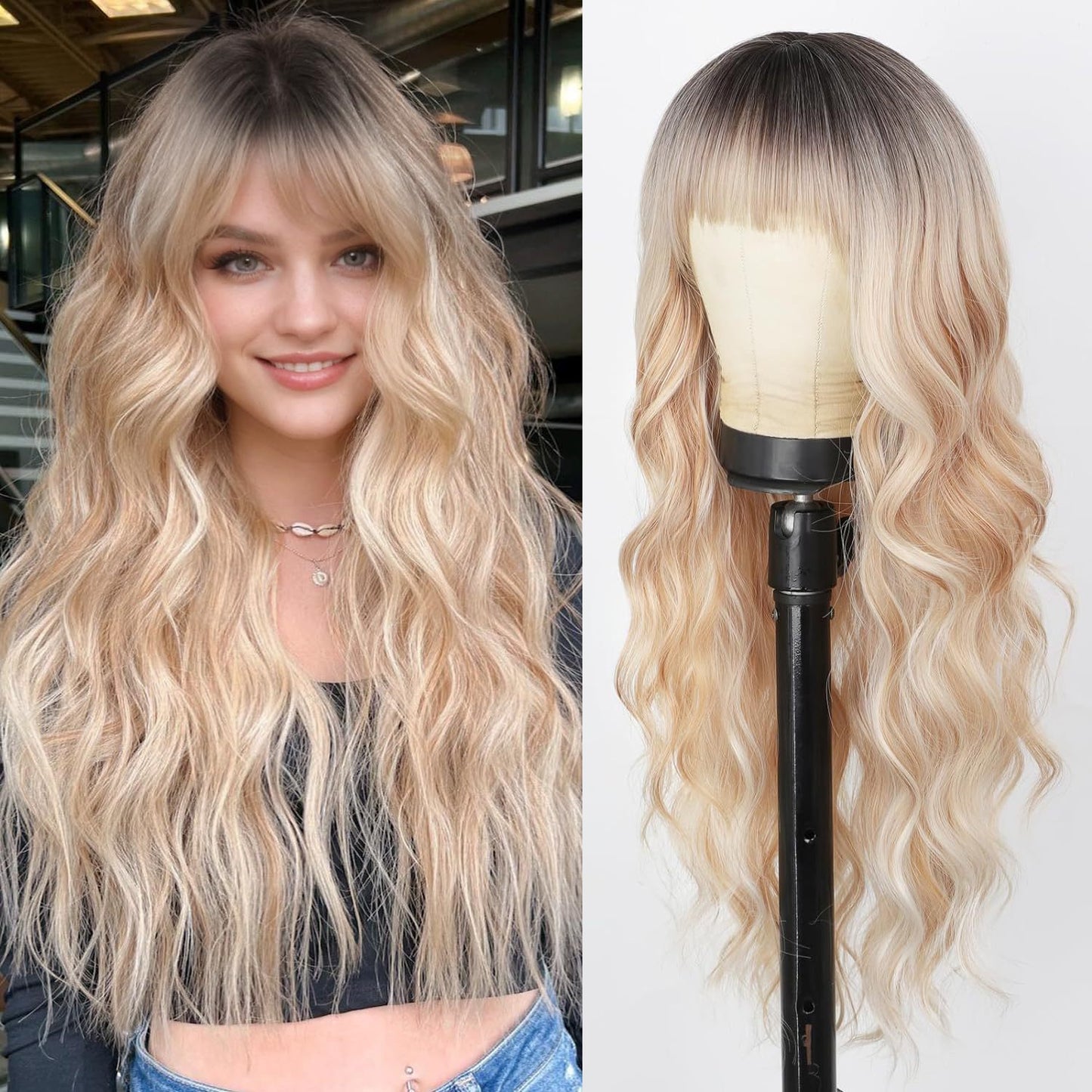 Black Gradient White Straight Bangs Big Wave Curly Hair Wig Long Curls