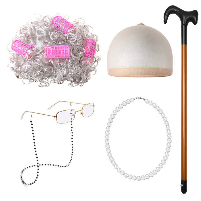 School Day Old Grandma Grandpa Crutches Lady Cos Wig