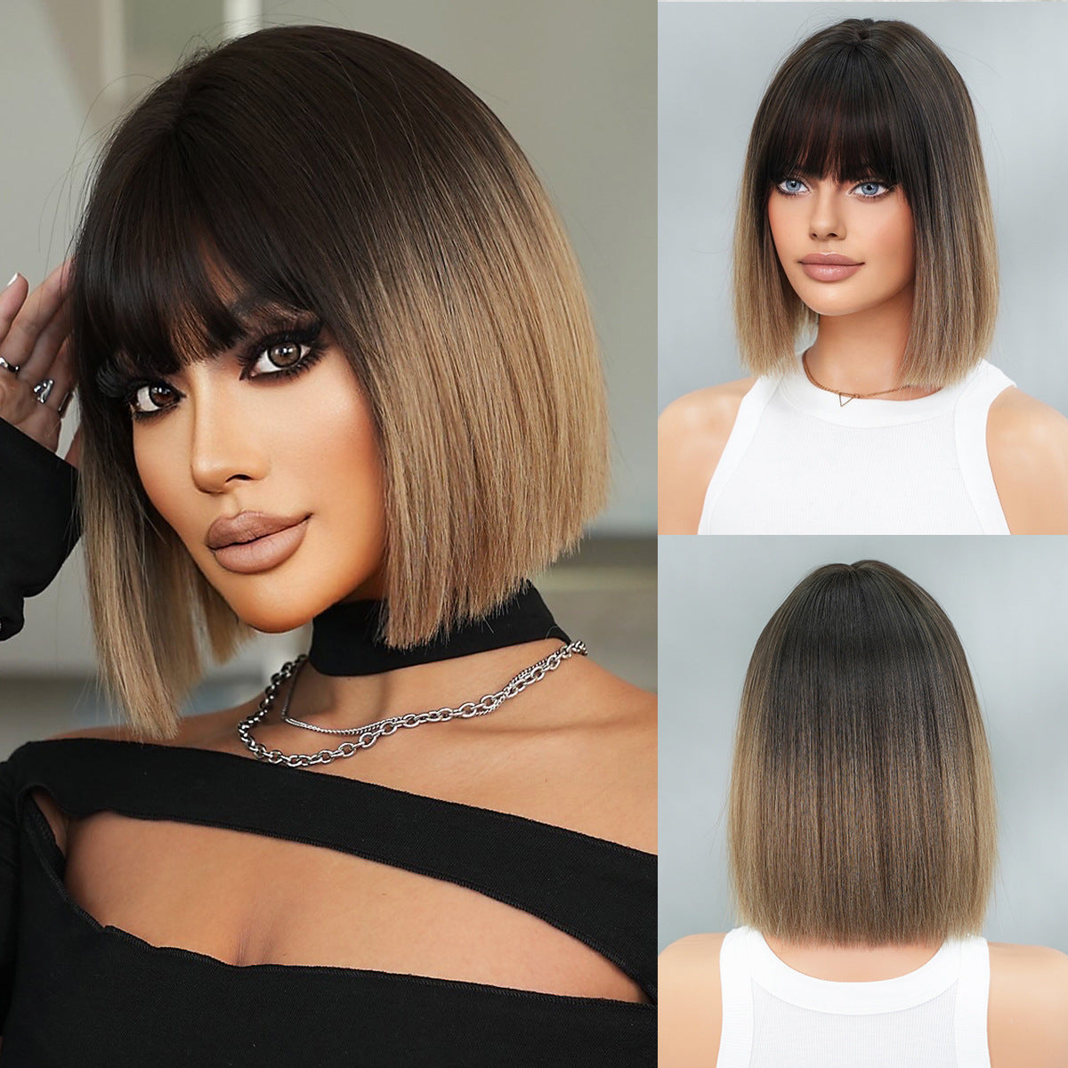 Women's Gradient White Tea Female Artificial Fluffy Wig Short Straight Hair