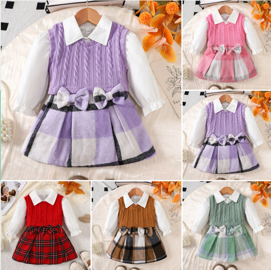 Autumn Preppy Style Long Sleeve Inner Fir Plus Sleeveless Sweater Children's Suit