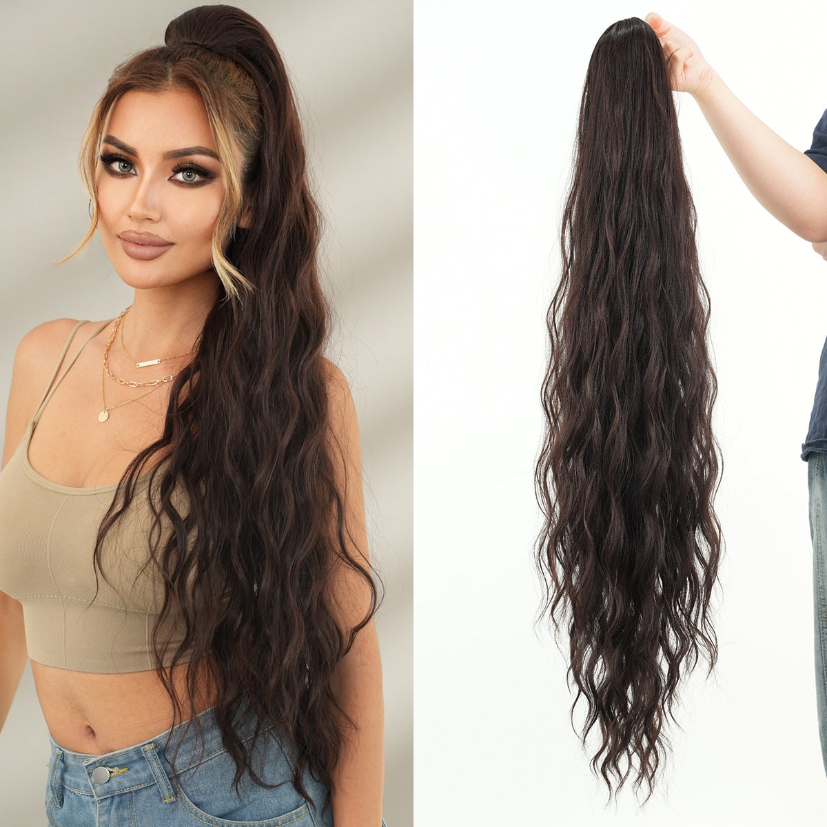 Inch Extra Long Curl Drawstring Net Pocket Elastic Water Wig Ponytail