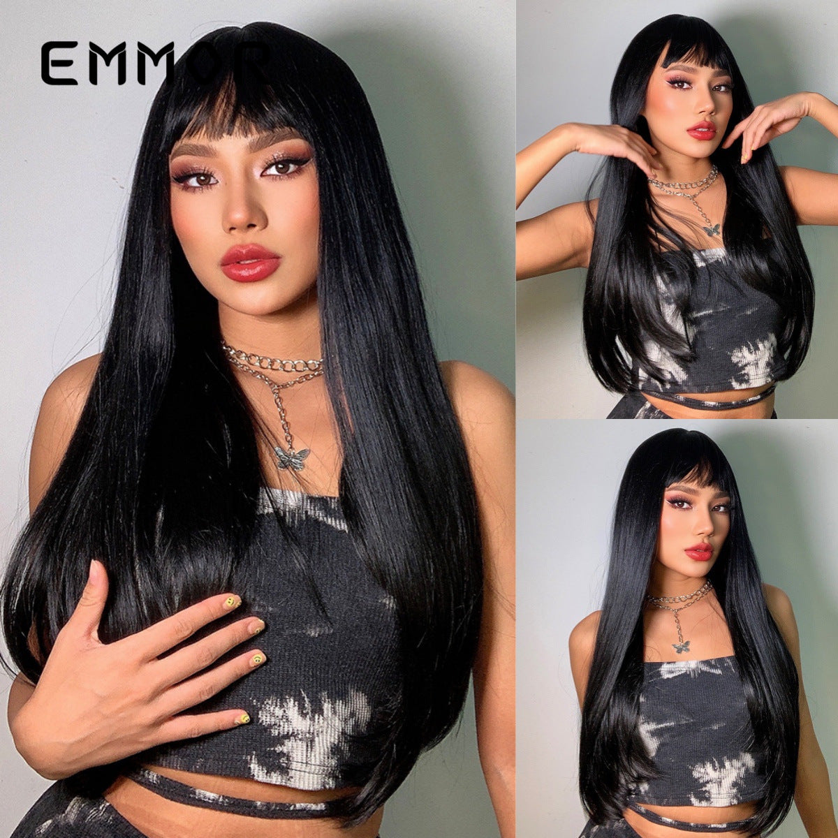 Bangs Black Hair Chemical Fiber Matte Long Straight Wig