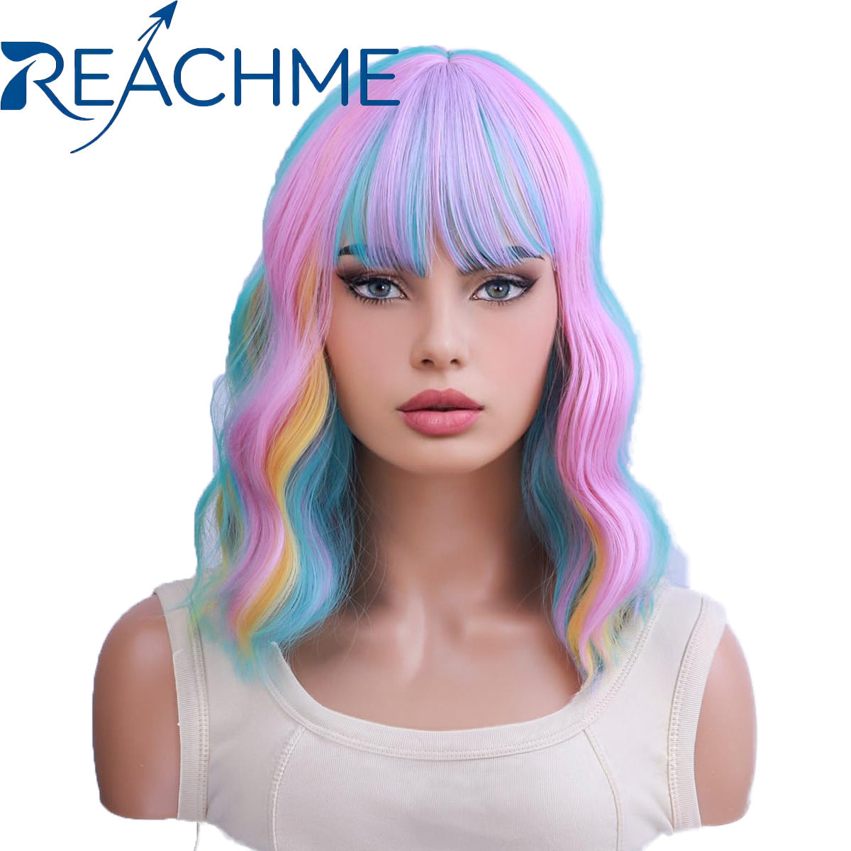 Colorful Gradient Female Style Bangs Realistic Wig Short Curly Hair