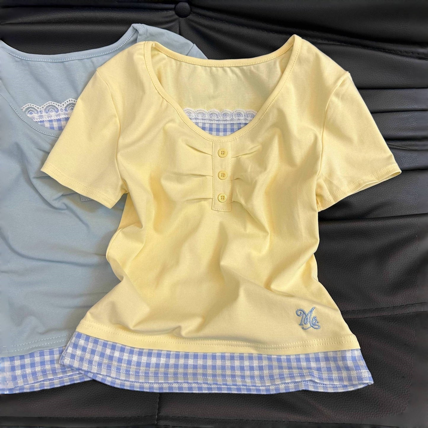Lace Plaid Short-sleeved Summer Fashion Slim Fit Teens Bottoming Shirt Children's T-shirt