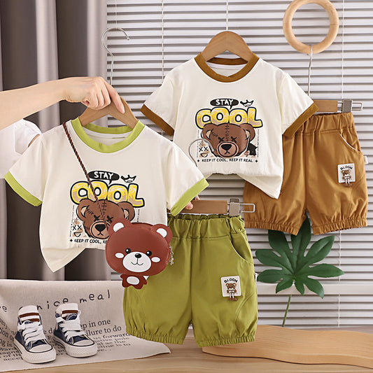 Children's Summer Short Sleeve Clothing Victory Bear Bag Round Neck Children's Suit