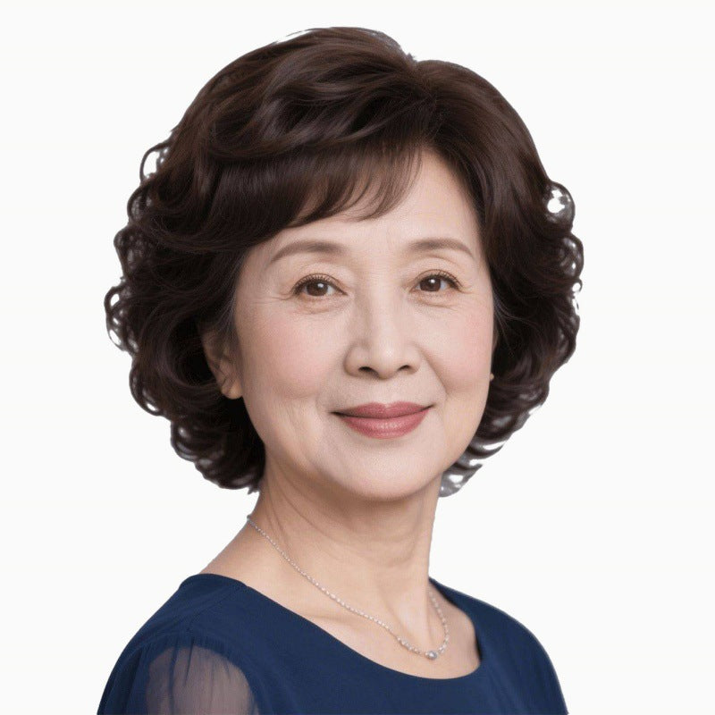 Female Real Full Human Mother Style Curly Natural Wig Short Straight Hair