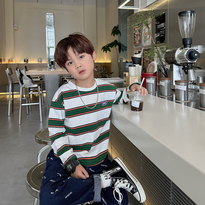 Children's Striped Contrast Color Fashionable T-shirt Long Sleeve Loose Casual Top Children's Shirt