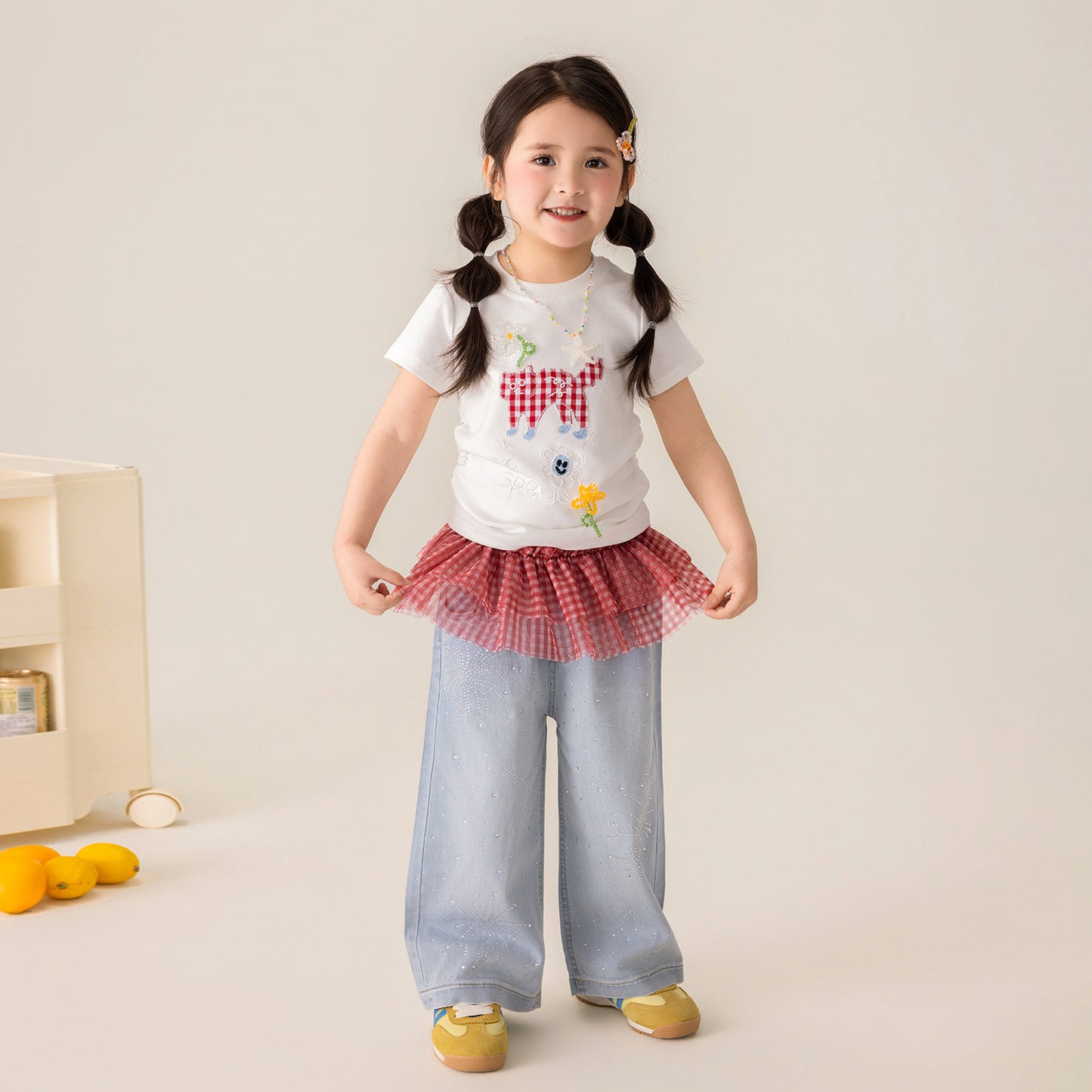Children's Summer Short Sleeve High Elastic Thread Embroidery Hand Sewing Pearl Children's T-shirt