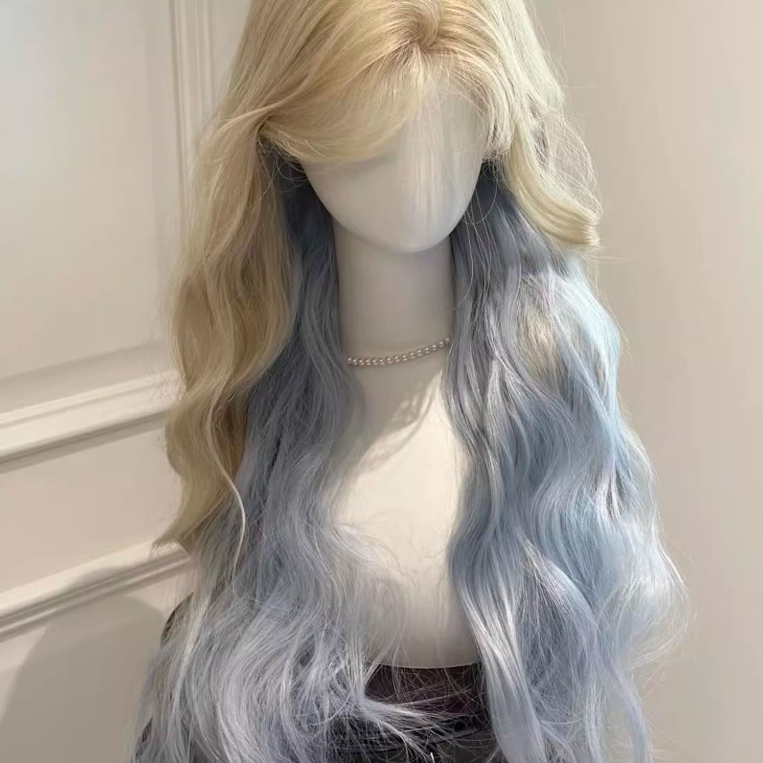 Women's Sea Salt Platinum Color Gradient Blue Realistic Natural Style Big Wig Long Curls