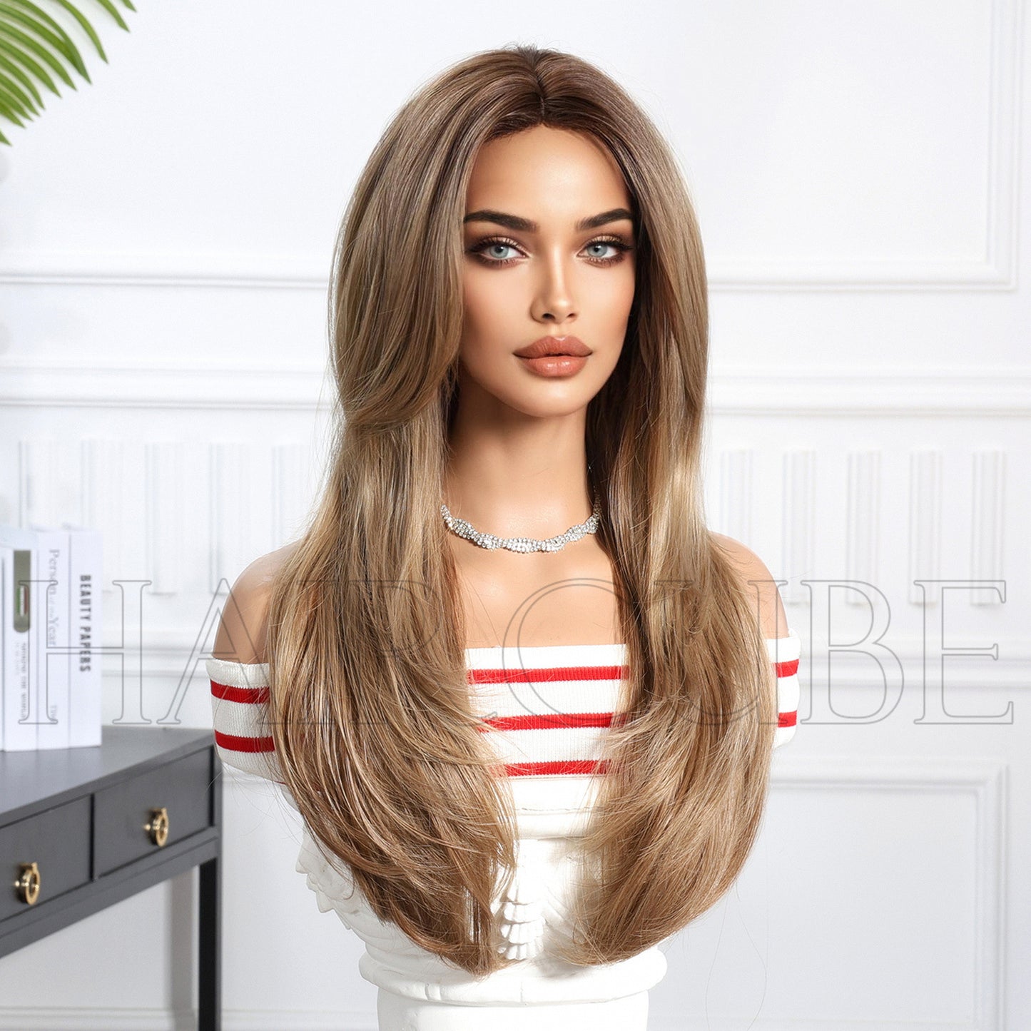 Synthetic Wigs Golden Brown Bangs Head Long Straight Wig