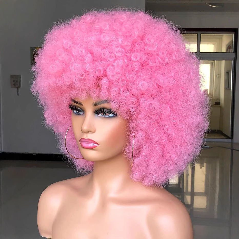 Women's African Fluffy Elastic Afro Head Cover Wig Short Curly Hair