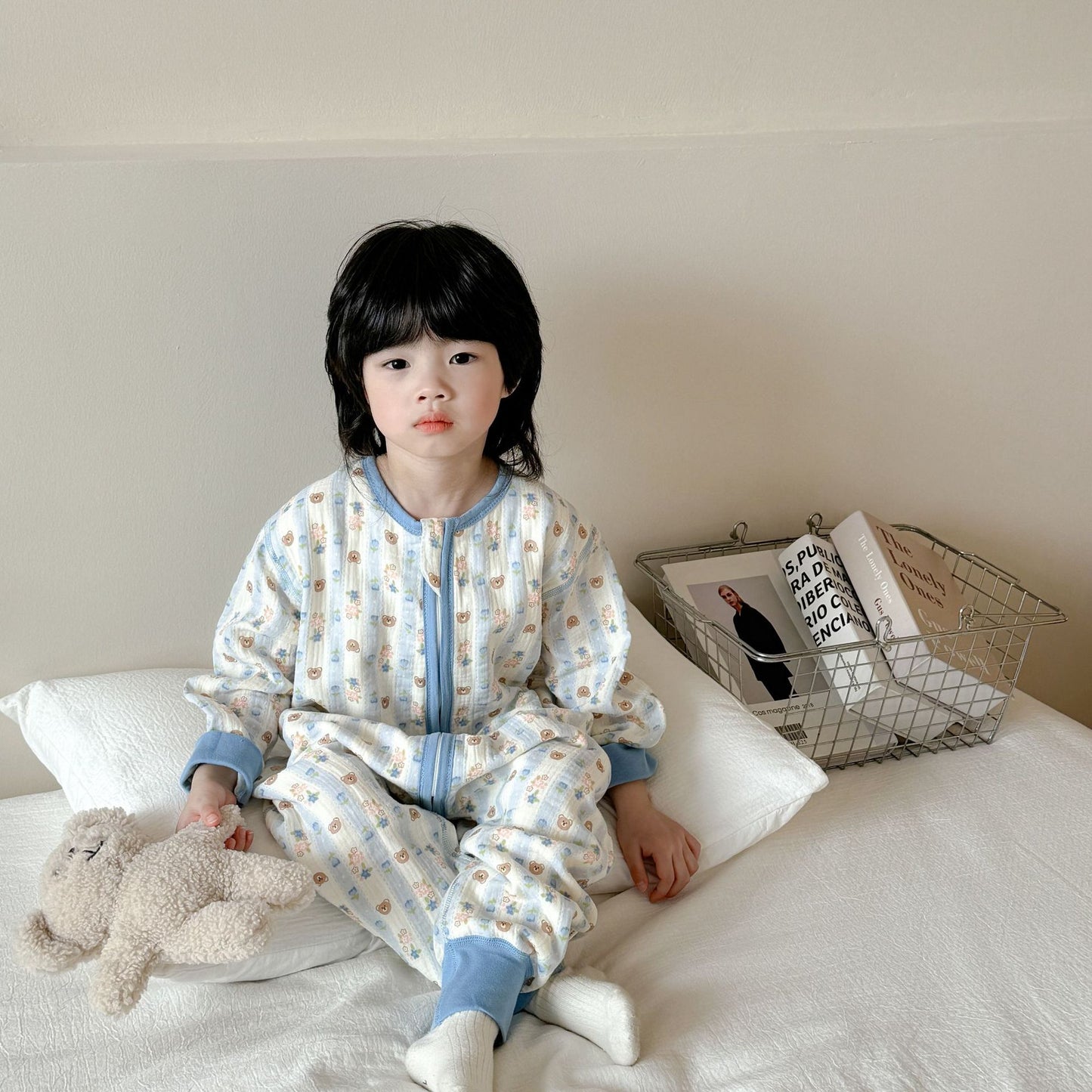 Children's Boy Seersucker Jumpsuit Front Rear 2 Long Sleeve Jumpsuit, Climbing Suit