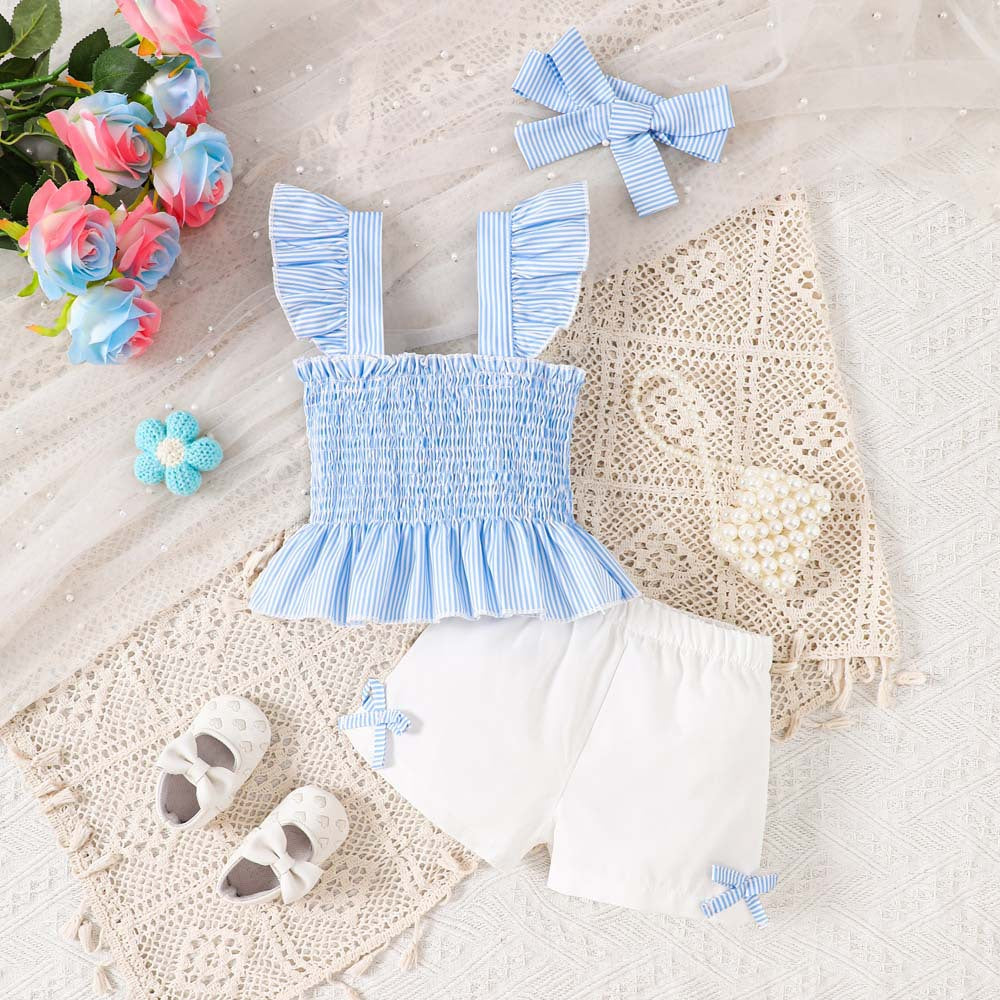 Children's Smocking Top Solid Color Shorts Three-piece Children's Suit