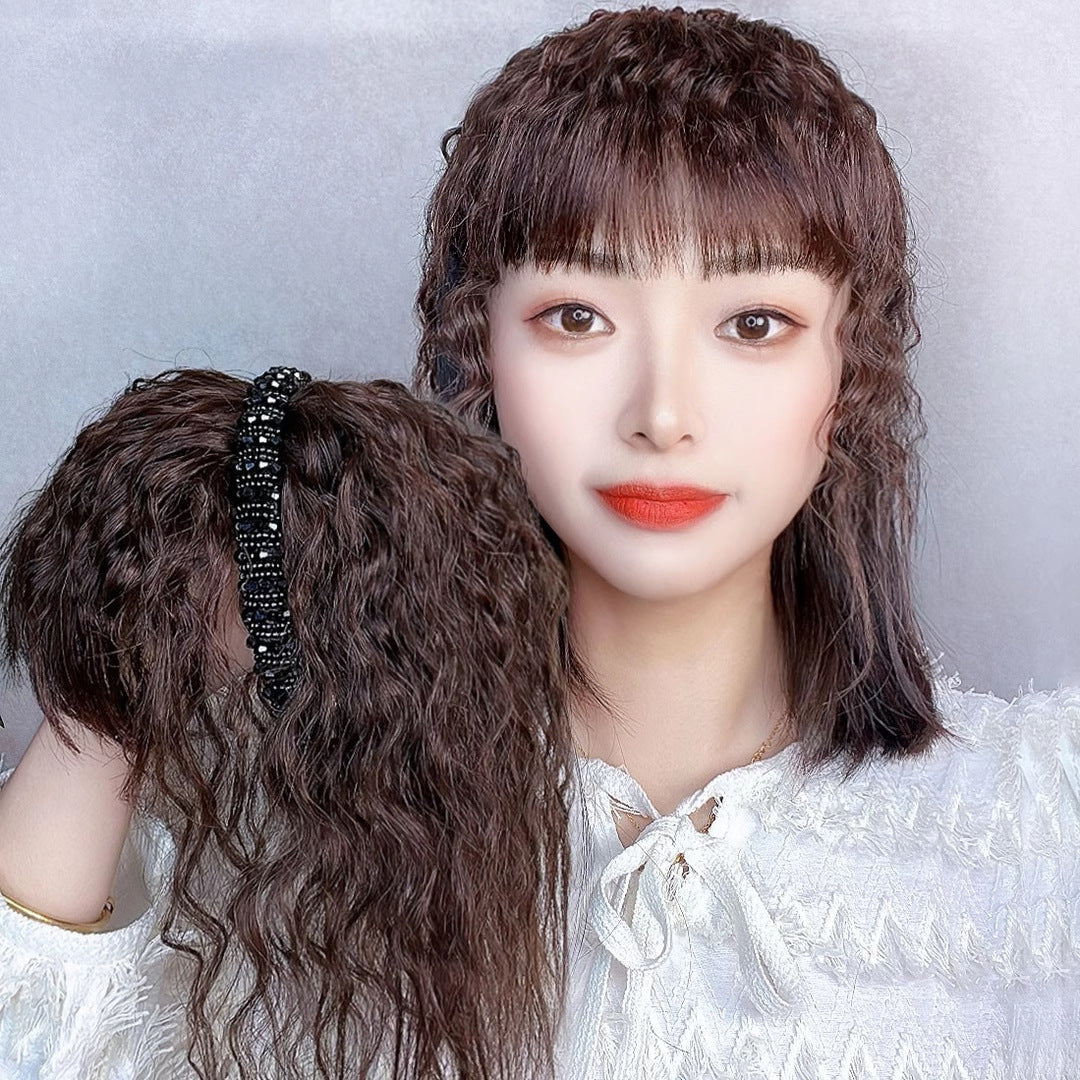 Band Curly Hairpiece Bangs Integrated Cover Gray Increase All Real Wig