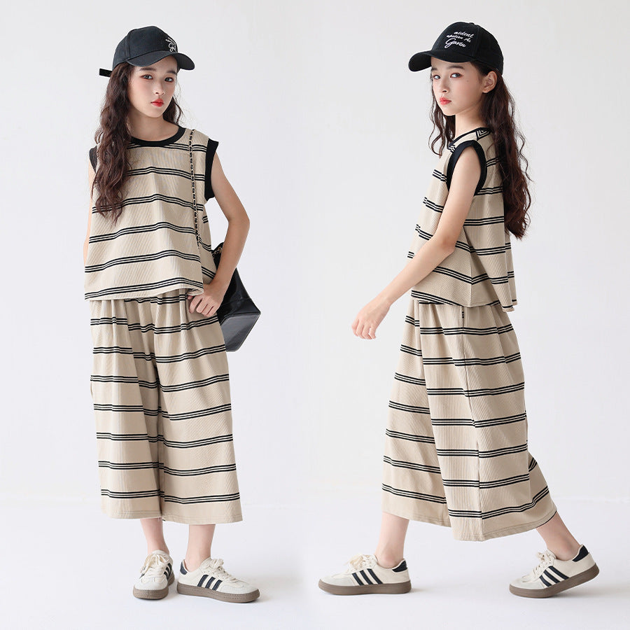Women's & Children's Trendy Sleeveless Striped Oversized Culottes Older Leisure Children's Suit
