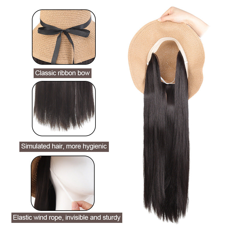 Beach Hat Hair One-piece Summer Sun Protection Long Straight Wig