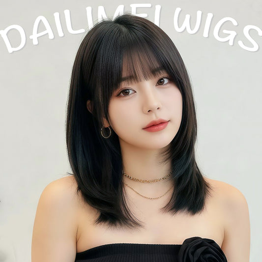 Women's Level Collarbone Length Haircut Human Mid-length Natural Whole Wig Short Straight Hair