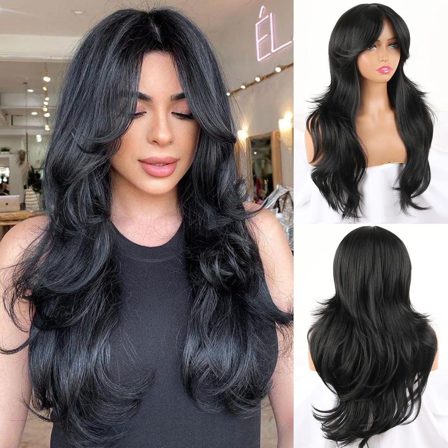 Women's Black Curly Hair Bangs Big Wave Head Wig Long Curls