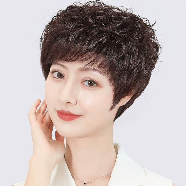 Real Human Mother Lady Set Natural Wig Short Curly Hair
