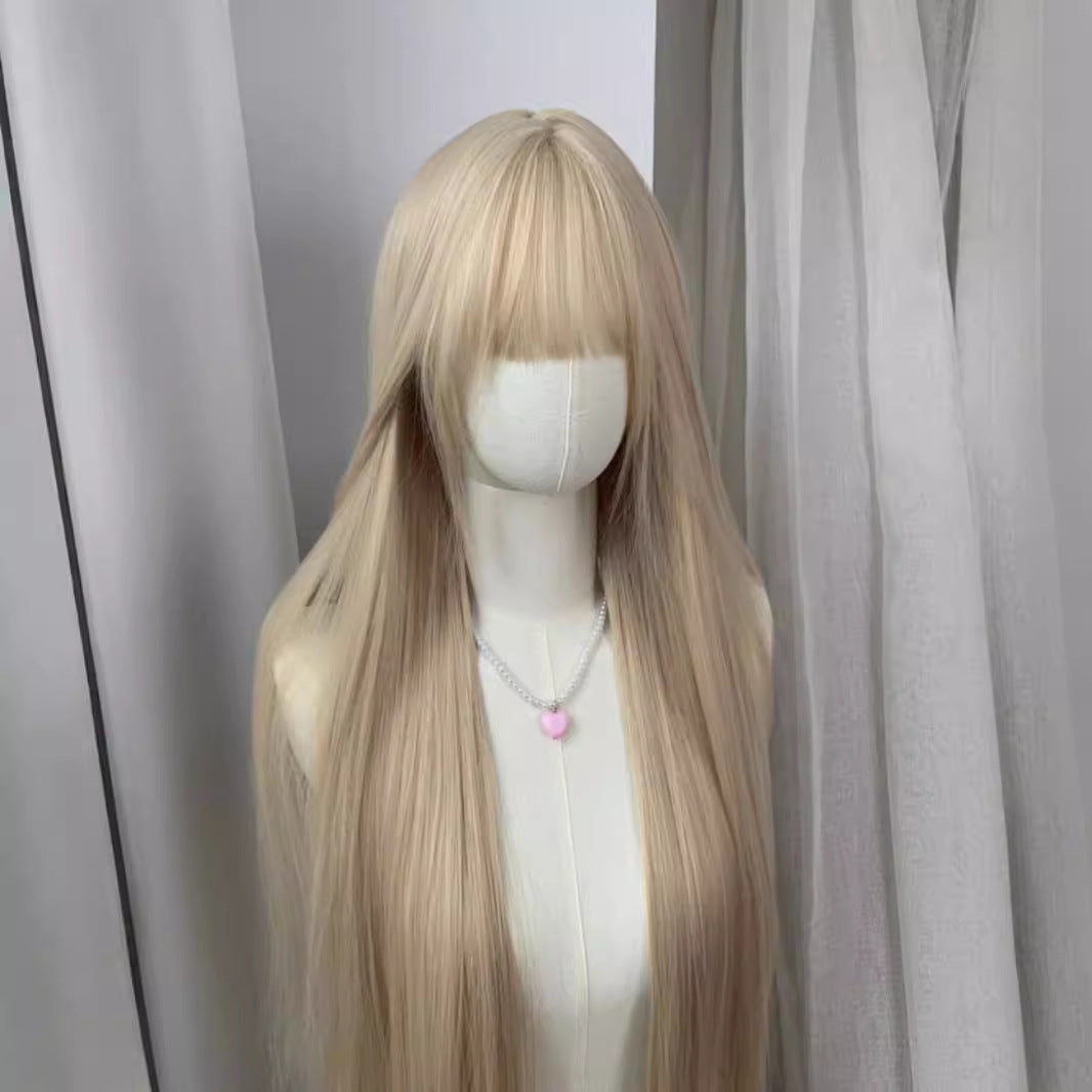 Women's Light Golden Hair White Female Mori Style Team Full Top Long Straight Wig