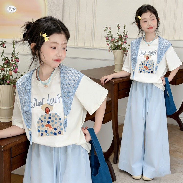 Summer Shawl Fake Two-piece Printed Fresh Casual Teens Tops Short Children's T-shirt