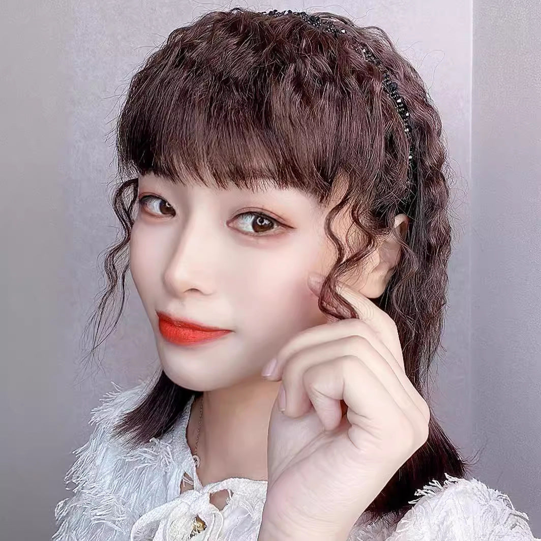 Band Curly Hairpiece Bangs Integrated Cover Gray Increase All Real Wig