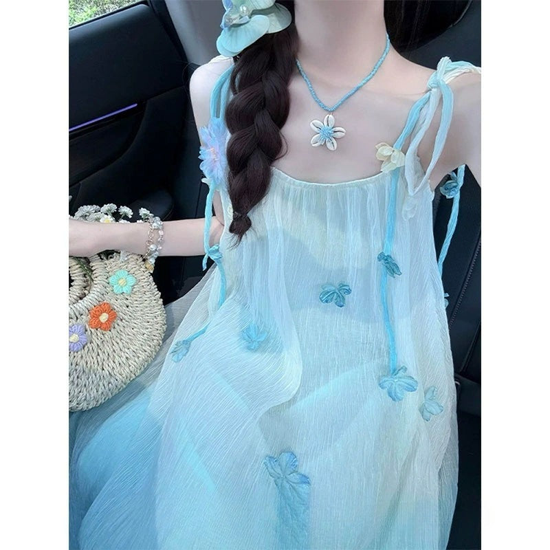 Women's Mint Mambo Style Gradient Blue Strap For Summer Gentle Seaside Children's Dress