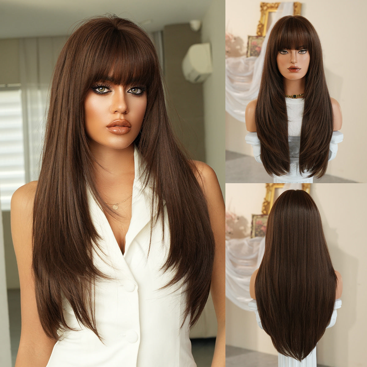 Bangs Daily Use Fluffy Synthetic Heat Resistant Long Straight Wig