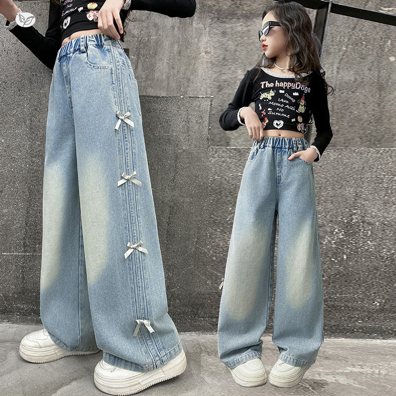 Jeans Spring Side Bow Pull-up Medium Children's Pants