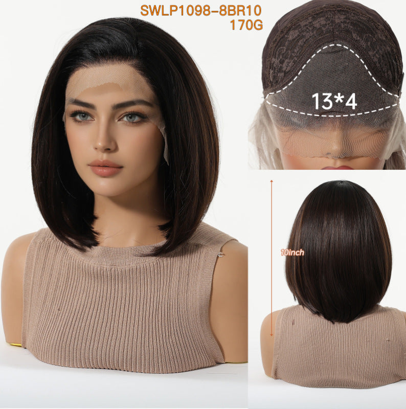 Women's Crocheted Lace On Forehead Fiber Gradient Golden Wig Short Straight Hair