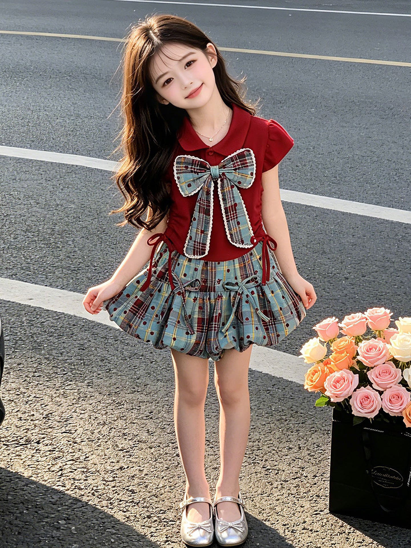 Children's Summer Bow Short-sleeved Skirt Clothing Thin Children's Suit