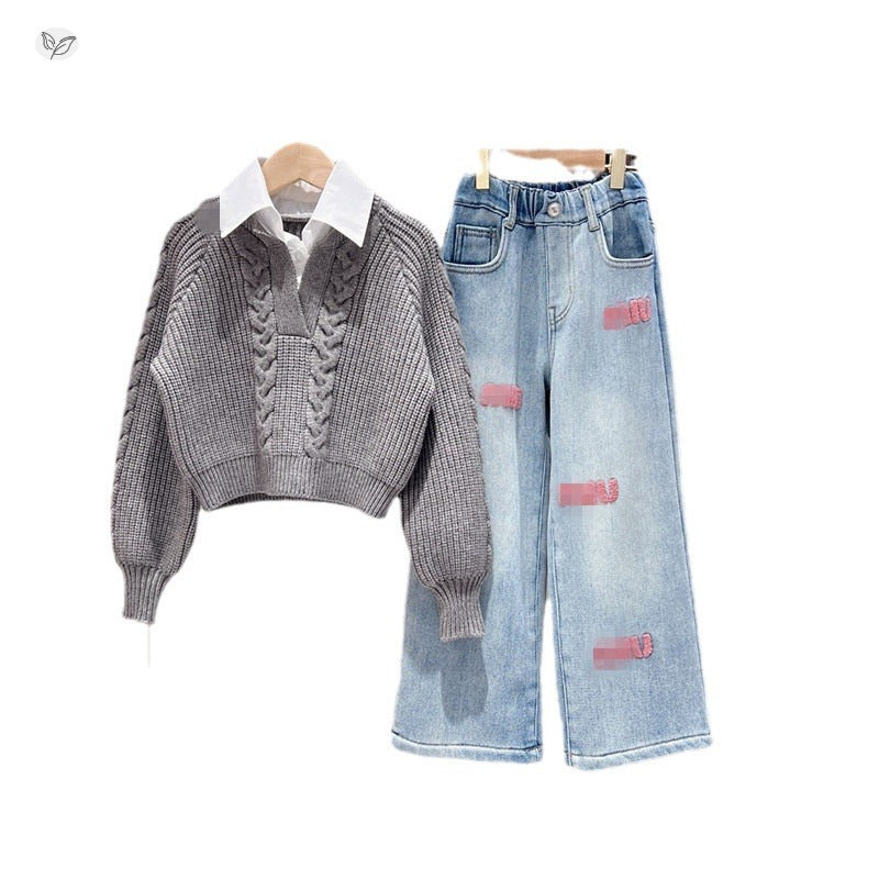 Children's Style Korean Casual Knitted Sweater Fashion Embroidery Trendy Children's Suit