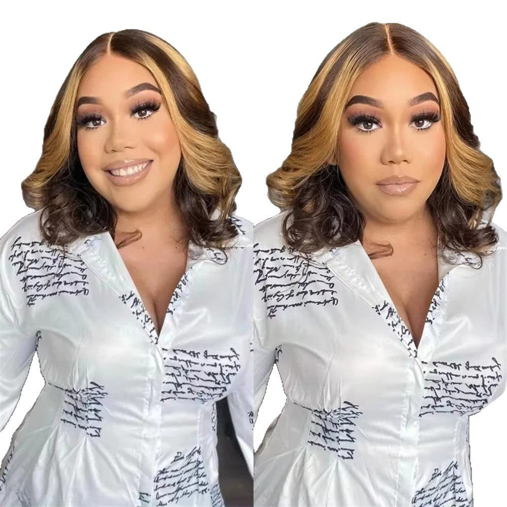 Colorful Gradient Lace Forehead Highlight Brown Mixed Gold Chemical Wig Short Curly Hair