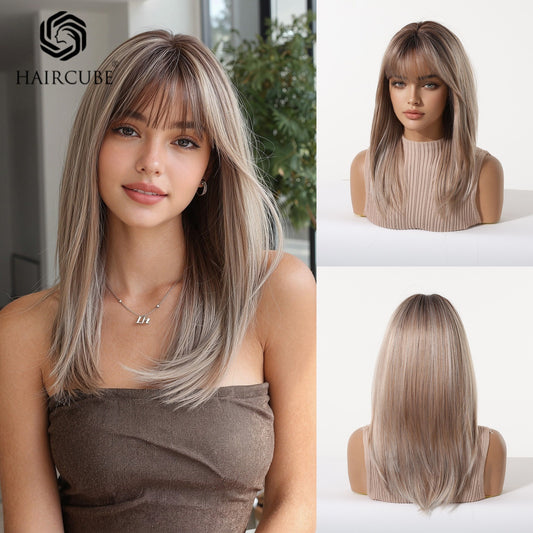 Women's Color Mid-length Hair Bangs Mechanism Chemical Long Straight Wig