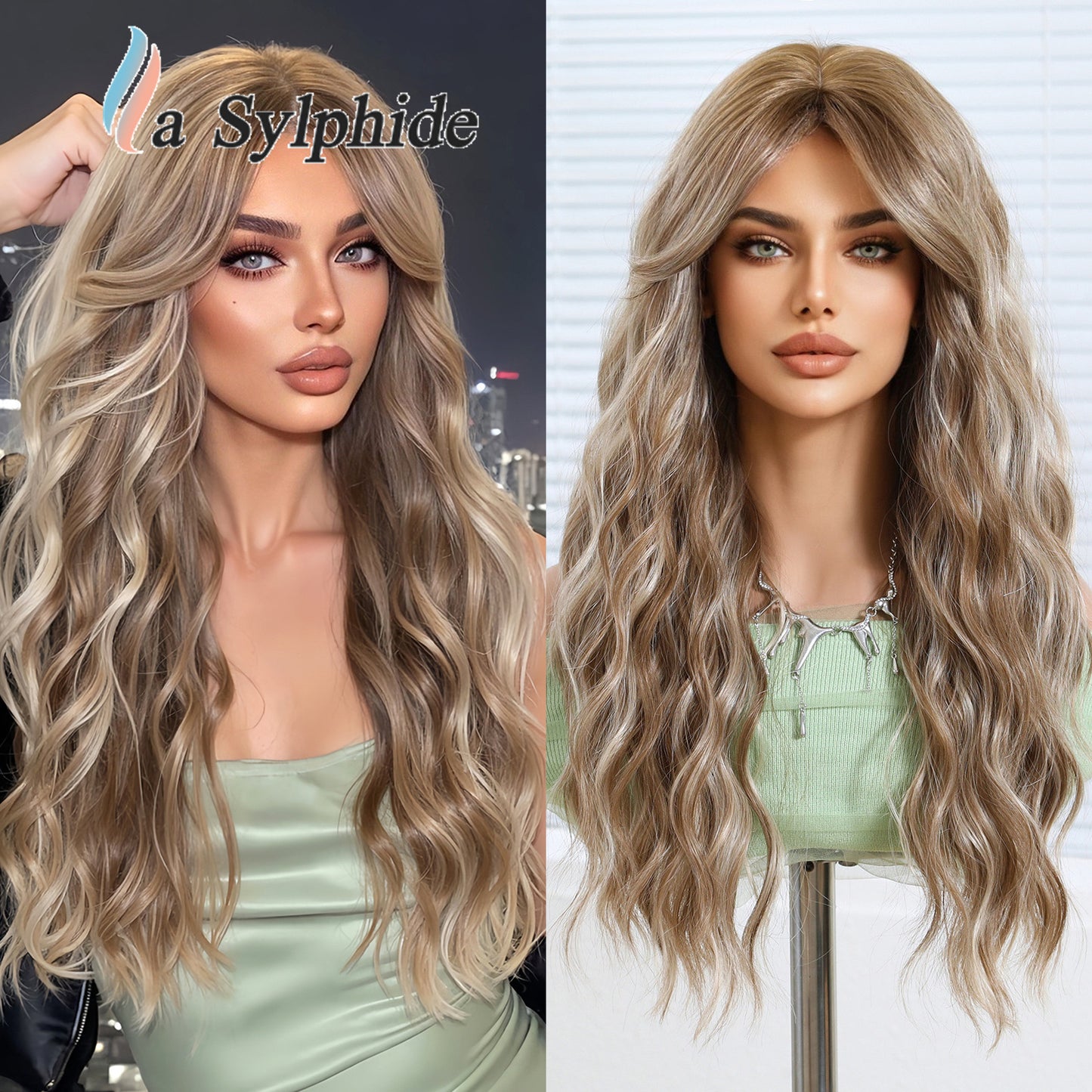 Female Word Bangs Full Top Simulation Human Hair Silk Water Wig Long Curls