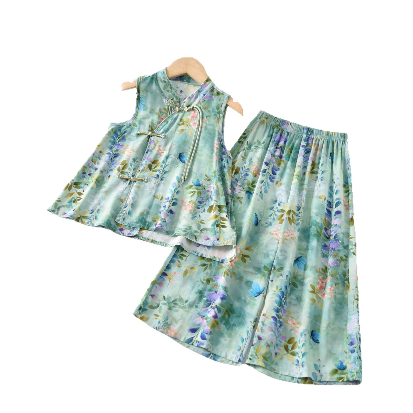 Children's Cool Summer Vest Shorts Poplin Pajamas Artificial Cotton National Children's Suit