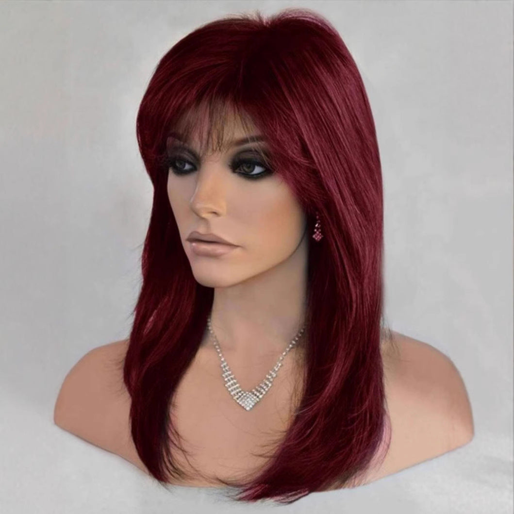 Women's Rinka Haircut Air Bangs Brown Wine Long Straight Wig