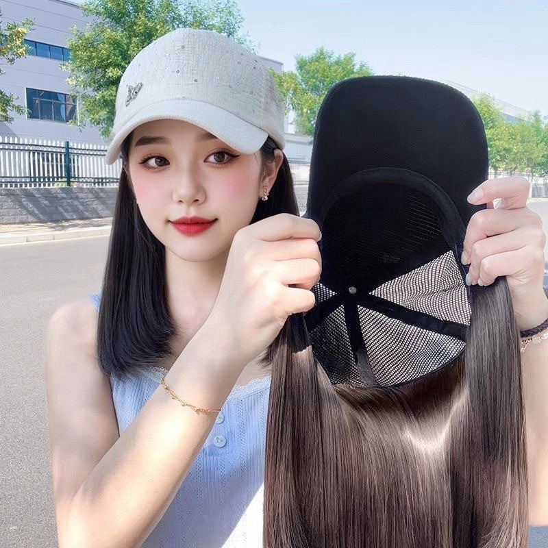 Hollow Inner Buckle Baseball Cap Collarbone Net Long Straight Wig