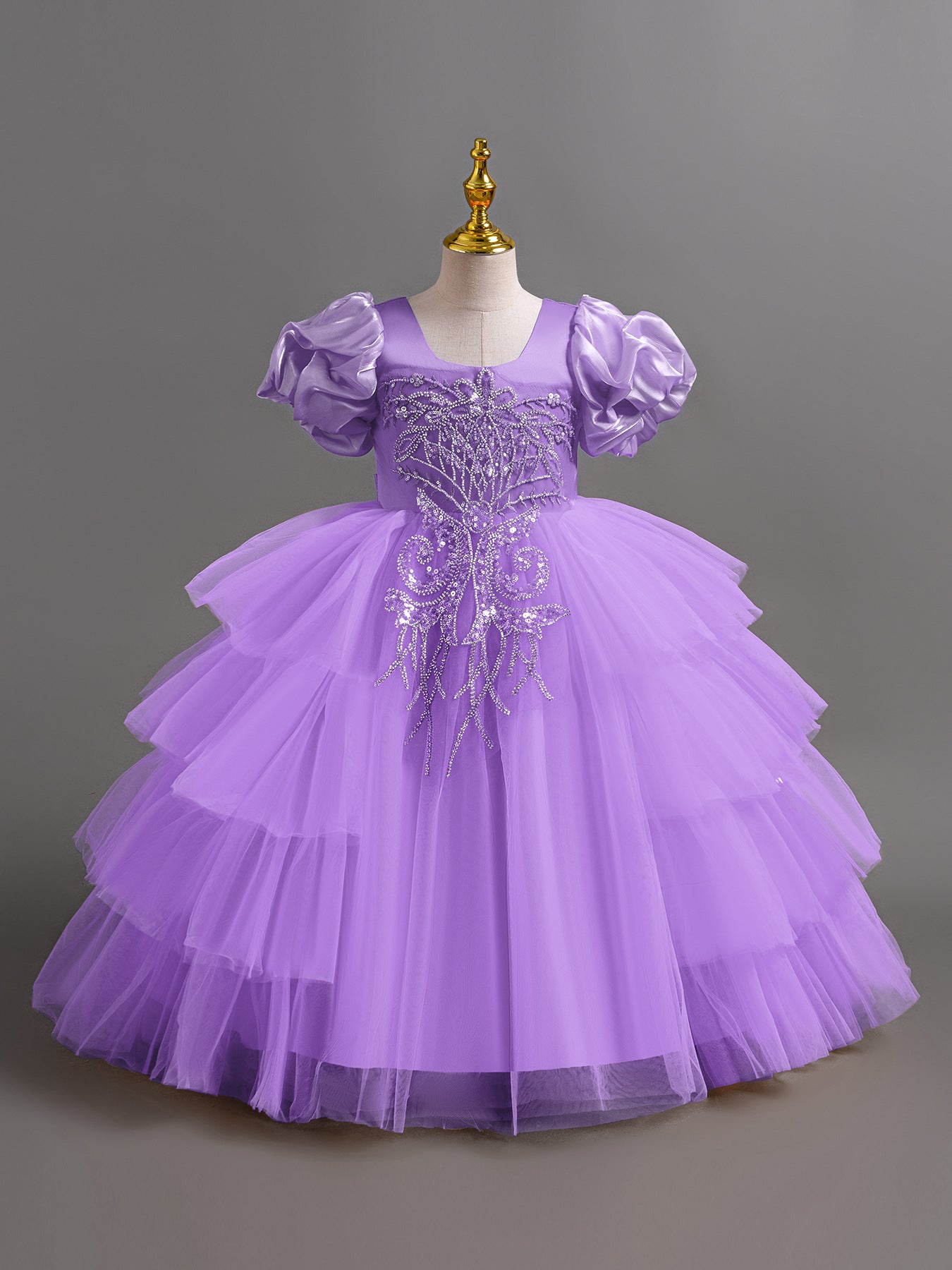 Children's Irregular Puff Sleeve Princess Flower Wedding Performance Level Cake Children's Dress