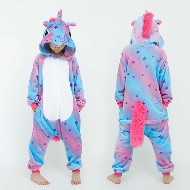Children's Cartoon Animal One-piece Pajamas Rainbow Flannel Lion Cute Long Jumpsuit, Climbing Suit
