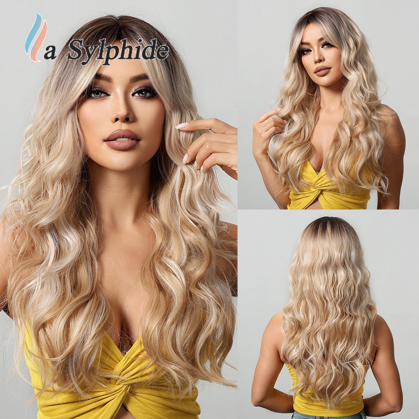 Pink Gray Gold Bangs Curly Hair Rose Net Matte Wig Long Curls
