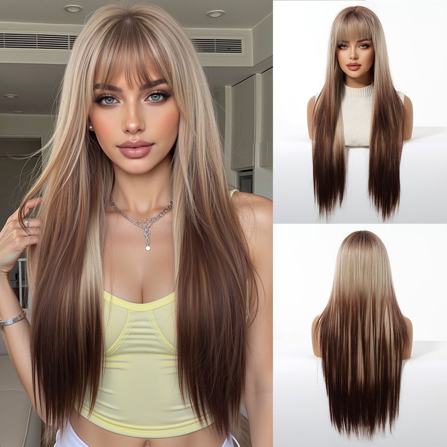 Female Air Bangs Brown Gradient Golden Long Straight Wig
