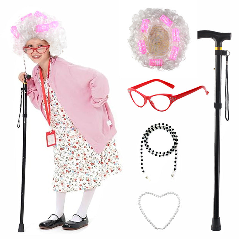 Props Watch Show Old Lady Grandma Flower White Curly Head Real Hair Wig